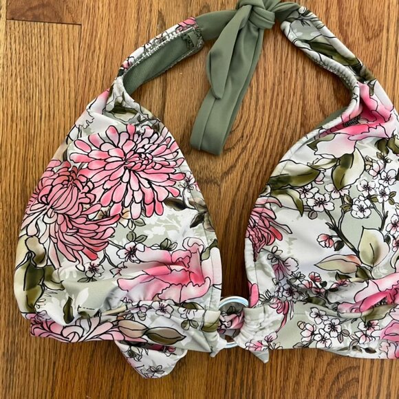 NEW NWT MOSSIMO Ring Halter Triangle Bikini Top Green Pink White Floral JRS ? XL - Picture 4 of 14